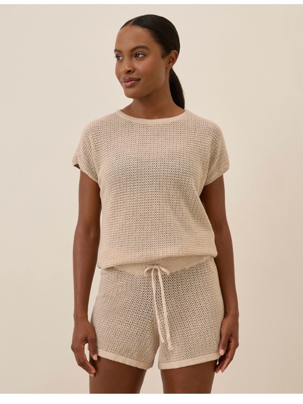 Pact Organic Sandshell Beachside Crochet Knit Short Sleeve & Shorts Set